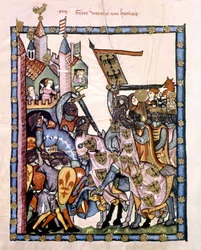 Der Schweizer Dichter und Ritter Graf Werner von Homberg (1284-1320) im Dienst von Kaiser Heinrich VII. belagerte eine Festung, die von den Anjou-Truppen von Sizilien verteidigt wurde. Miniatur des Codex „Manesse“ oder „Manessesche Liederhandschrift“