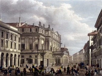 Das Teatro alla Scala in Mailand zu Beginn des 19. Jahrhunderts. Zeitgenössische Gravur. Museo della Scala de Milan