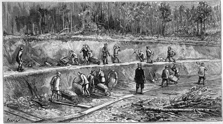 Die Transsibirische Eisenbahn: Chinesische Arbeiterstätte. (Von einer Fotografie). Gravur in „La Nature: revue des sciences et de leurs applications aux arts et a l