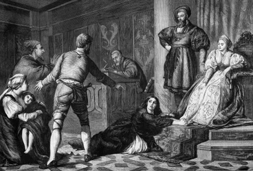 Die angeklagte Jüdin. Häresie im 15. Jahrhundert: Prozess gegen eine jüdische Frau, die der Hexerei an einem kranken Kind beschuldigt wird. Gravur nach Hogsons Gemälde. Gravur in "The Illustrous Universe"