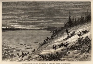 Die Ankunft von Passagieren mit Hundeschlitten am Yukon River (extremes Nordkanada), vollständig gefroren. Gravur zur Illustration der Reise und Abenteuer in Englisch-Kolumbien, Vancouver Island und Alaska, von Frederick Whymper