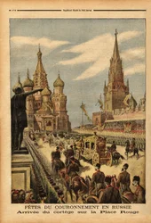 Die Ankunft des Gefolges auf dem Roten Platz (Moskau) anlässlich der Krönung von Zar Nikolaus II. (1868-1918). Stich in „Le Petit Journal“, 31/05/1896. Sammlung Selva.