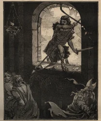 Die Kunst des Glases: bemalte Buntglasfenster. Theoderichs Soldaten zerbrechen ein Buntglasfenster, um in die Kirche von Brioude (Haute Loire) im Jahr 521 einzudringen. Gravur von 1885 in „Les arts et métiers illustrés“ von Adolphe Bitard.