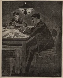 Die Kunst des Steinschneidens: Gravur einer Kamee-Muschel. Gravur von 1885 in „Les arts et métiers illustrés“ von Adolphe Bitard.