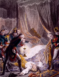 Die Ermordung von Paul I. Petrovich (1754-1801), russischer Zar, in seinem Zimmer im St. Michaelspalast nach erzwungener Abdankung. Gravur um 1801