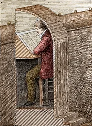 Der Souffleur in seinem Loch. Ein Theatersouffleur hilft Schauspielern, sich an ihren Text zu erinnern, wenn sie auf der Bühne stehen. Hier ist er in seinem „Loch“ dargestellt, einer Öffnung an der Vorderseite der Bühne, die dem Publikum verborgen bleibt. 