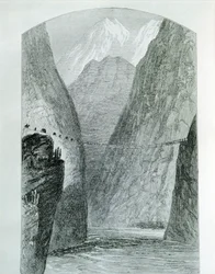 Die Brücke über den Apurimac-Fluss, Gravur. Peru