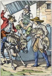 Die Kinder des verstorbenen Müllers teilen sein Erbe: Esel, Mühle und Kater. Illustration des Märchens „Der gestiefelte Kater“ von Charles Perrault
