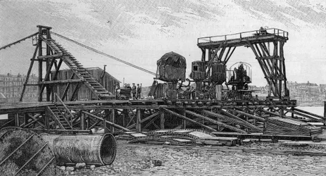 Der Bau der Mirabeau-Brücke in Paris (1893): die Dienstbrücke (nach einem Foto). Gravur in „La Nature: revue des sciences et de leurs applications aux arts et à l