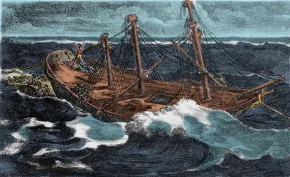 Der Bau des Floßes der Fregatte „Meduse“ scheiterte am 02.07.1816 auf der Bank von Arguin, nahe der Küste von Mauretanien. Gravur des 19. Jahrhunderts