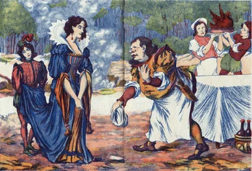 Der Koch antwortet der Prinzessin, dass er das Hochzeitsmahl für Riquet vorbereitet. Anonyme Illustration für „Riquet mit dem Schopf“ von Charles Perrault