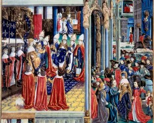 Die Krönung des heiligen Königs Ludwig (Ludwig IX.) (1214-1270) am 29/11/1226 in der Kathedrale von Reims. Miniatur aus einem Manuskript „Das Buch der Taten des heiligen Ludwig“. 15. Jahrhundert. Paris, B.N.