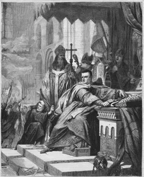 Die Krönung Wilhelms I. des Eroberers (1027 bis 1087) im Jahr 1066. Herzog der Normandie (1035 - 1087) und König von England (1066 - 1087). Stich aus dem 19. Jahrhundert.