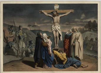 Die Kreuzigung Christi. Inschrift „INRI“ auf dem Kreuz. Anonyme Gravur aus der Mitte des 19. Jahrhunderts.