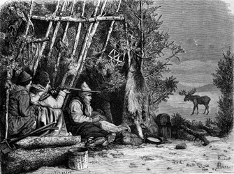 Das tägliche Leben der Fallensteller (Berufsjäger) in Kanada: zwei Karibujäger. Gravur des 19. Jahrhunderts.