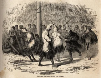 Der Tanz des Bayente oder Tanz des Teufels bei den Yahua-Indianern von Peru, organisiert zu Ehren des Mondes, findet jedes Jahr in einer Hütte im Wald statt; nach der Zeremonie werden die Hütte, Flöten und Trommeln sorgfältig verbrannt. Illustration