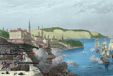 Die Verteidigung von Quebec durch Graf Louis de Buade, Graf von Frontenac (1622-1698) am 16.10.1690. Kolorierte Gravur in „Histoire generale de la marine“ von Van Tenac