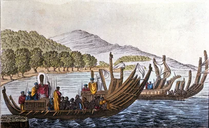 Die Abreise der Polynesier für den Pazifik an Bord von Doppelrumpfkanus. Lithografie aus dem frühen 19. Jahrhundert