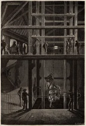 Der Abstieg eines Pferdes in die Creusot-Minen, verwendet in unterirdischen Tunneln für den Transport von Kohlenwagen. Gravur zur Illustration einer Reise nach Creusot und den Minen von Saone und Loire, im Jahr 1865, von L. Simonin, in „Le tour du monde, n