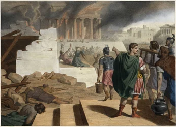 Die Zerstörung des Tempels und der Stadt Jerusalem im Jahr 70 durch den römischen Kaiser Titus (40-81). Anonyme Gravur aus der Mitte des 19. Jahrhunderts