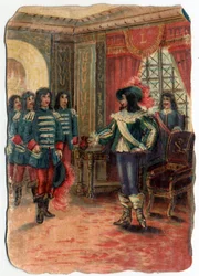 Der Zwist zwischen den drei Musketieren und der Wache von Kardinal Jules Mazarin (Giulio Raimondo Mazzarino oder Mazarino) (1602-1661). Chromolithographie des 19. Jahrhunderts