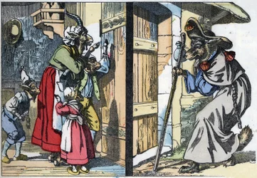 Der verkleidete Wolf klopft an die Tür des Hauses mit der Ziege und den Geißlein. Illustration des Märchens „Compere le Loup, Maitre Renard, Comere la Chevre et ses petits biquets“ nach einer Fabel von Jean de la Fontaine. In „Tales from the home for the l