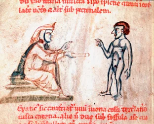 Der Arzt brennt den Patienten an schmerzhaften Stellen mit heißen Eisen. Miniatur aus dem Manuskript „De Medicina cauteriorum secundum Brunum, Rugerium et Rolthe“ 13. Jahrhundert Paris, B.N.