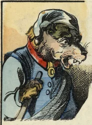 Der Hund Medor. Illustration des Märchens „Bon medor und das kleine Zicklein“. In „Märchen aus dem Heim für die Kleinen“. Anonyme Gravur des 19. Jahrhunderts