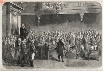 Der Duke of Wellington (Arthur Wellesley) steht an der Bar des House of Commons, um die Glückwünsche des Sprechers zu seinem Sieg bei Vimeiro, Peninsular War, entgegenzunehmen