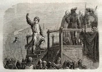 Die Hinrichtung von Conradin, König von Sizilien und Herzog von Schwaben (1252-1268) auf Befehl von Karl von Anjou nach der Schlacht von Tagliacozzo im Jahr 1268
