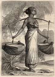 Die Expedition um die Welt (1790-1792) von Kapitän Étienne Marchand (1755-1793): Wasserträger in Timor (Osttimor, Indonesien) - Illustration aus „Die großen Seefahrer des 18. Jahrhunderts“