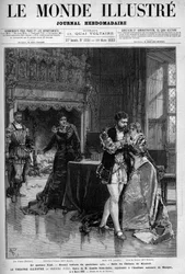 Das Schlussquartett, das zweite Bild des vierten Aktes, das im Gemach des Schlosses Kimbolt spielt. Szene aus der Oper Heinrich VIII. von Camille Saint-Saëns, aufgeführt an der Nationalen Musikakademie am 5. März