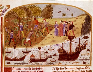 Die Flotte von König Alexander dem Großen. Miniatur aus „Buch der Taten Alexanders des Großen“ von Quintus Curtius Rufus (Quinte Curce) (1. Jahrhundert), um 1468 - (Ms 1335) Reims, Stadtbibliothek