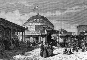 Der große Basar von Samarkand (Samarqand oder Samarkand) in Usbekistan im 19. Jahrhundert. Gravur im „Journal de la jeunesse“ von 1888