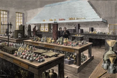 Das große Laboratorium des französischen Chemikers und Biologen Louis Pasteur (1822-1895) an der École normale supérieure - Stich von Meyer, 1884