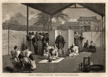 Der Hara Kiri: Verurteilung eines Adligen zum rituellen Selbstmord; verurteilt ihn, ein Knie auf der weißen Matte wird das Messer benutzen, um seinen Bauch zu öffnen, dann steht der Samurai hinter ihm und enthauptet ihn mit einem Schwert. Gravur zur Illust