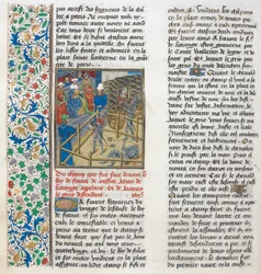 Der gerichtliche Kampf von Jacques le Gris und Jean de Carrouges. Florale Umrandung.