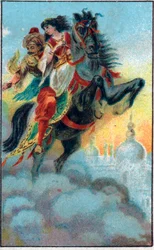 Die Flucht. Märchen „Geschichte des verzauberten Pferdes“ in „Tausendundeine Nacht“. Chromolithographie aus dem späten 19. Jahrhundert.