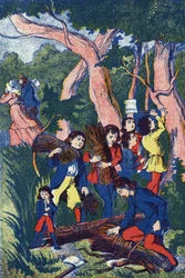 Die Holzfäller verlassen ihre Kinder. Illustration für „Le Pepetit poucet“, Märchen von Charles Perrault (1628-1703), französischer Schriftsteller. Anonyme Illustration. Bildmaterial Marcel Vagne, Jarville Nancy, undatiert (spätes 19. Jahrhundert)