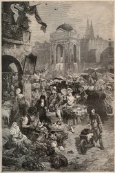 Der Markt und der Brunnen der Unschuldigen, Paris im 18. Jahrhundert - Kupferstich des 19. Jahrhunderts