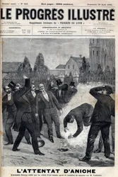 Der Mörder Clement Decoux wird zum Opfer seines versuchten Anschlags auf Emile Vuillemin (1822-?), Direktor der Bergwerke von Aniche, der am 4. August 1895 sein fünfzigjähriges Jubiläum an der Spitze der Kohleförderung feiert - Stich in „Le Progrès