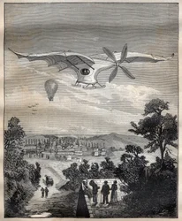Die neuen Aerostaten: der Vogel von Clément Ader (1841-1925), die Eole, während eines Experiments im Park von Eugène Pereire bei Paris im Jahr 1891, es soll 15 m über dem Boden geflogen sein - Gravur in „La Science française“