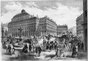 Der neue Platz des französischen Theaters (Comédie Française) mit den projizierten Brunnen am Palais Royal in Paris. Gravur in „L