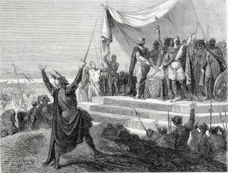 Der Eid der beiden Brüder vor ihrer Rüstung: Karl II. der Kahle und Ludwig II. der Deutsche schwören den Eid gegen Lothar I. (Eide von Straßburg 842). Gravur des 19. Jahrhunderts.