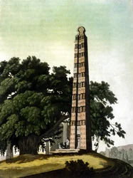 Der Obelisk von Axum (Aksoum), 1937 von den Italienern nach Rom gebracht. Il Costume antico e moderno, Jules Ferrario, Mailand 1820.