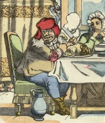 Der Oger am Tisch spürt die Anwesenheit des kleinen Poulet und seiner Brüder. Illustration aus dem Märchen „Der kleine Däumling“ von Charles Perrault