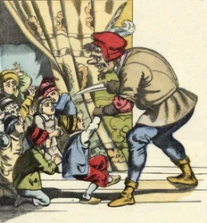 Der Oger nimmt ein Kind mit der Absicht, es zu verschlingen. Illustration des Märchens „Der kleine Däumling“ von Charles Perrault