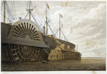 Die alte Fregatte mit ihrer Kabelladung neben der "Great Eastern" in Sheerness - in "Das Atlantische Telegraphenkabel" von W. H. Russel, ca. 1860