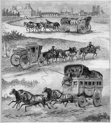 Der alte Reisewagen, die Reisekutsche des 17. Jahrhunderts, die Reisekutsche des 18. Jahrhunderts und die Postkutsche vor den Eisenbahnen. Gravur in "La nature" von 1888