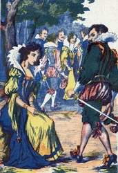 Die Dummheit der Prinzessin verscheucht die Höflinge. Anonyme Illustration für „Riquet mit dem Schopf“, Märchen von Charles Perrault (1628-1703), französischer Schriftsteller. Bild von Marcel Vagne, Jarville Nancy, undatiert (spätes 19. Jahrhundert).